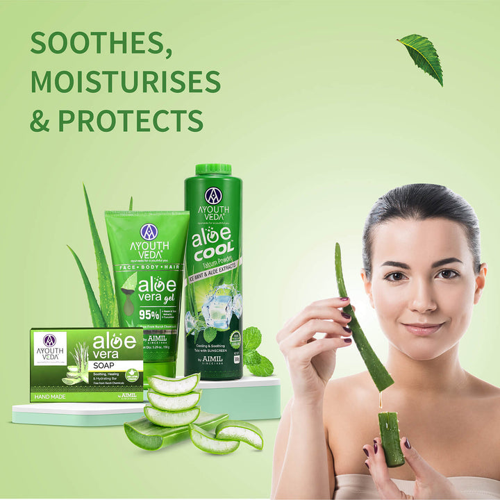 Aloevera Range | Aloe vera gel 150g +Aloe vera soap 100g | Talc 300g - Ayouthveda