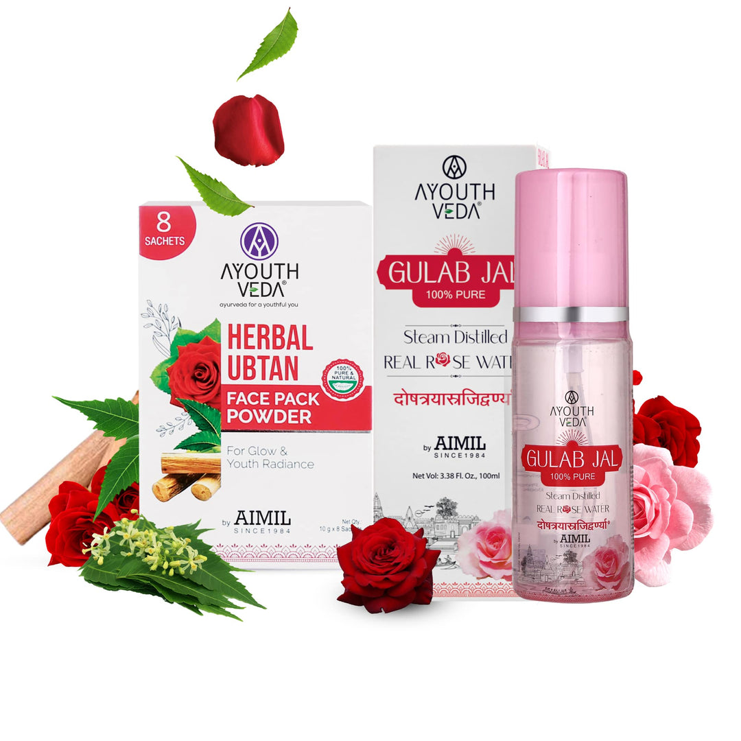 Glow Renewal Combo: Herbal Ubtan Face Pack Powder (10g × 8), Gulab Jal (100 ml) - Ayouthveda