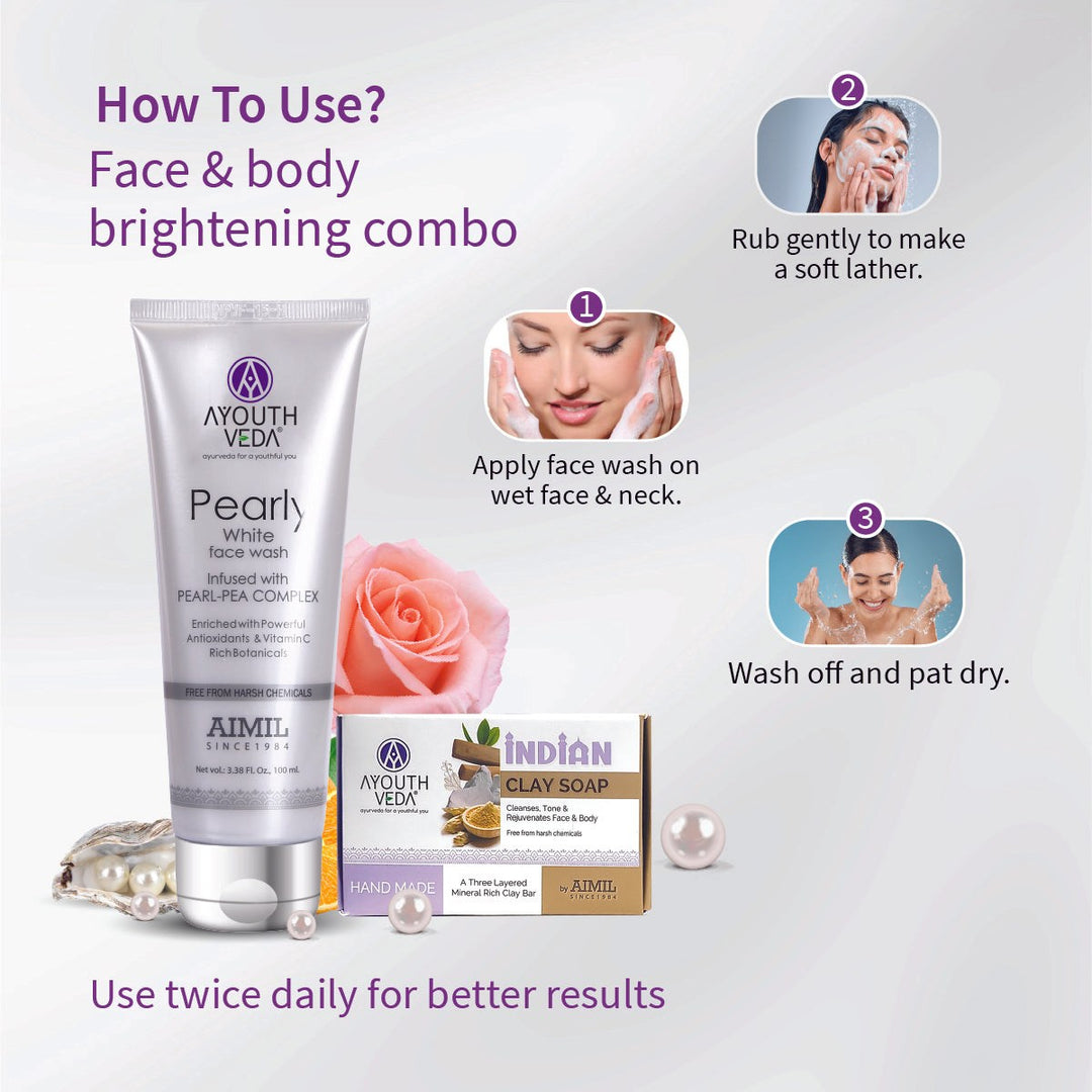 Face & Body Brightening Combo: Pearly White Face Wash (100 ml), Indian Clay Soap (100 gm) - Ayouthveda