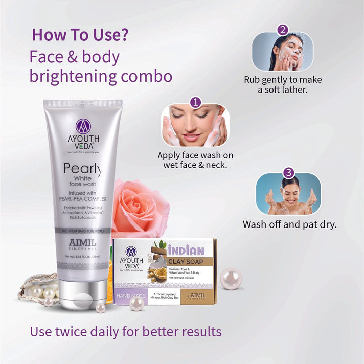 Face & Body Brightening Combo: Pearly White Face Wash (100 ml), Indian Clay Soap (100 gm) - Ayouthveda