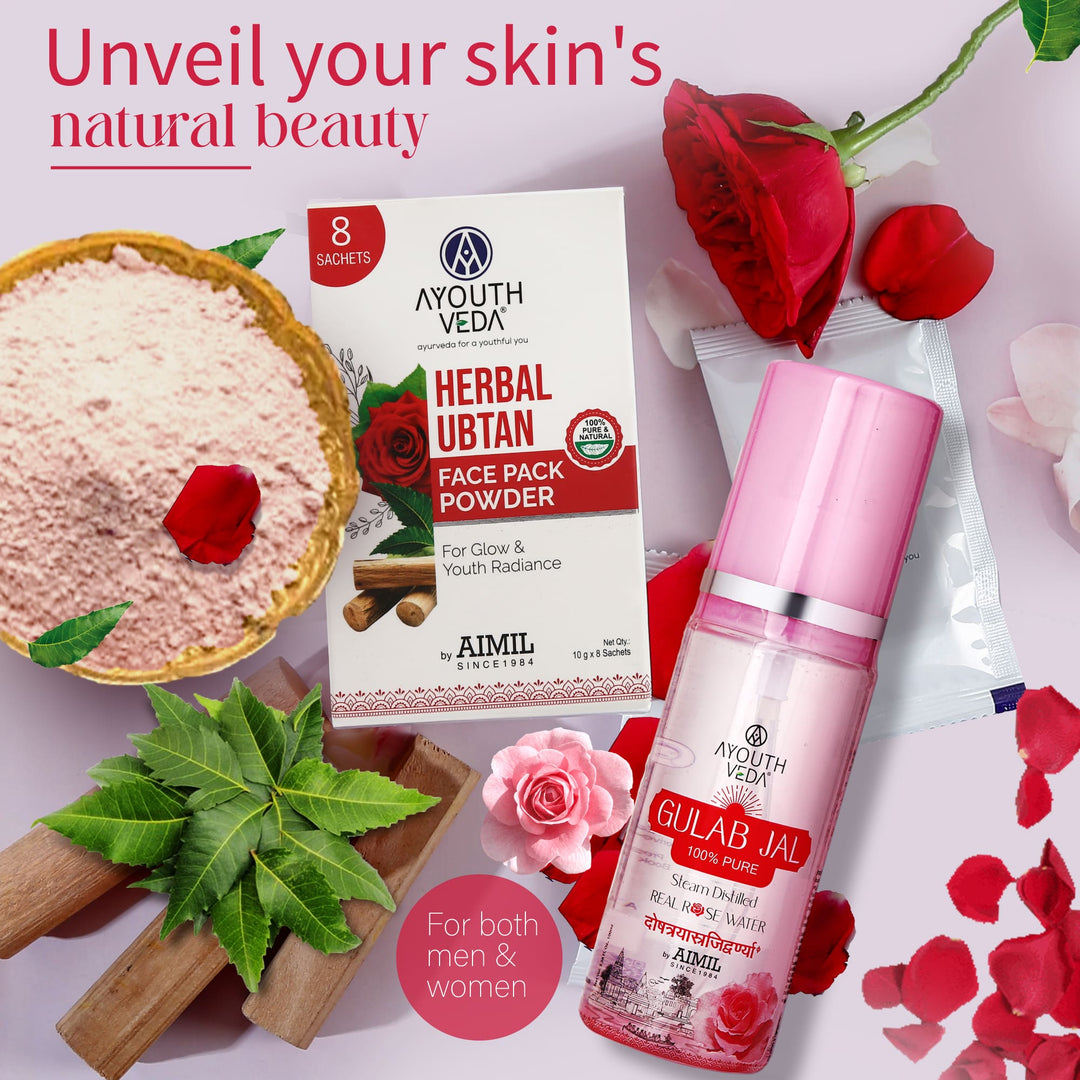 Glow Renewal Combo: Herbal Ubtan Face Pack Powder (10g × 8), Gulab Jal (100 ml) - Ayouthveda