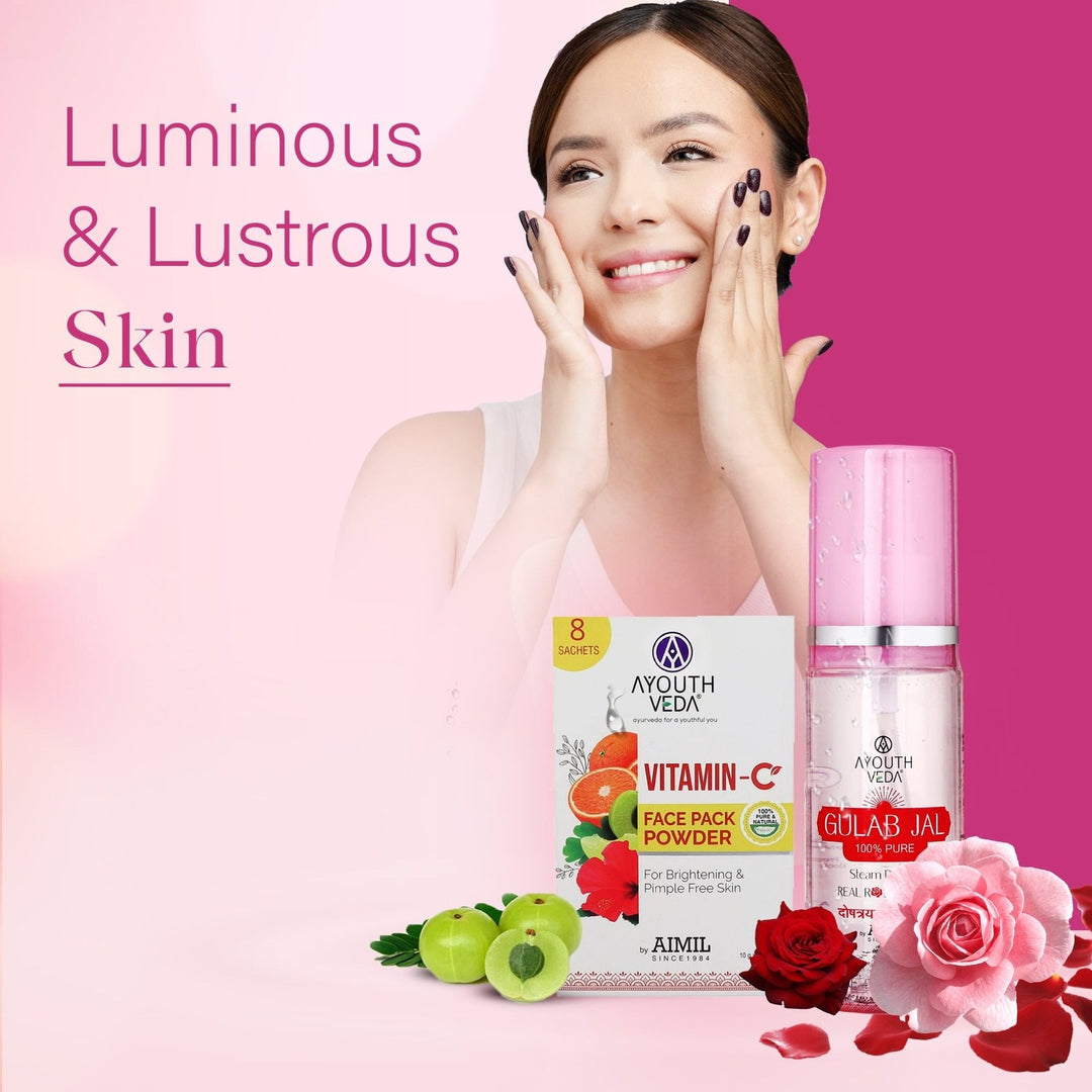 Luminous Skin Combo: Vitamin-C Face Pack Powder (10g × 8), Gulab Jal (100 ml) - Ayouthveda