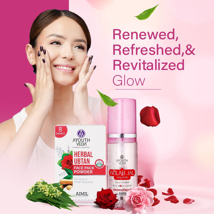 Glow Renewal Combo: Herbal Ubtan Face Pack Powder (10g × 8), Gulab Jal (100 ml) - Ayouthveda