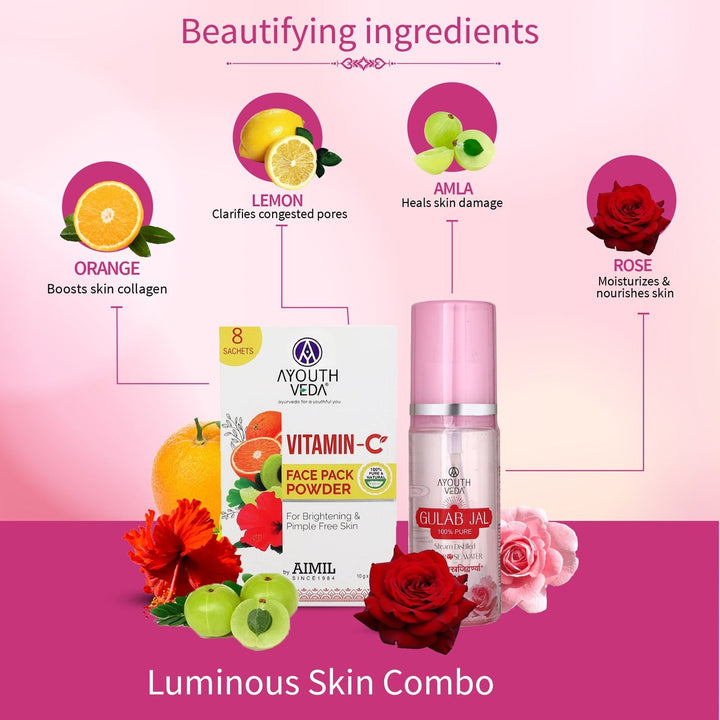 Luminous Skin Combo: Vitamin-C Face Pack Powder (10g × 8), Gulab Jal (100 ml) - Ayouthveda