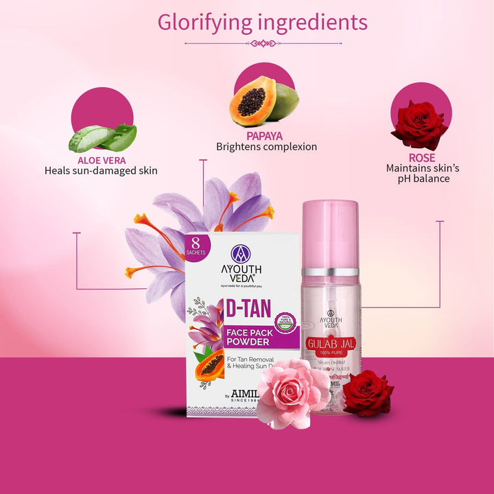 D-Tan Delight Combo: D-Tan Face Pack Powder (10g × 8), Gulab Jal (100 ml) - Ayouthveda