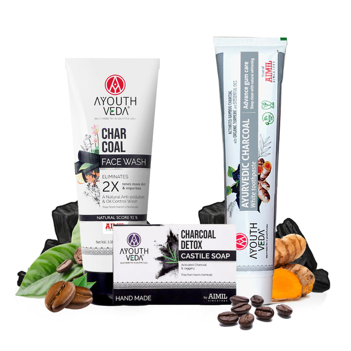 Bamboo Charcoal Detox Combo | Charcoal Face Wash (100 ml) | Charcoal Detox Handmade Castile Soap (100 g) | Ayurvedic Charcoal White Toothpaste (100 g)