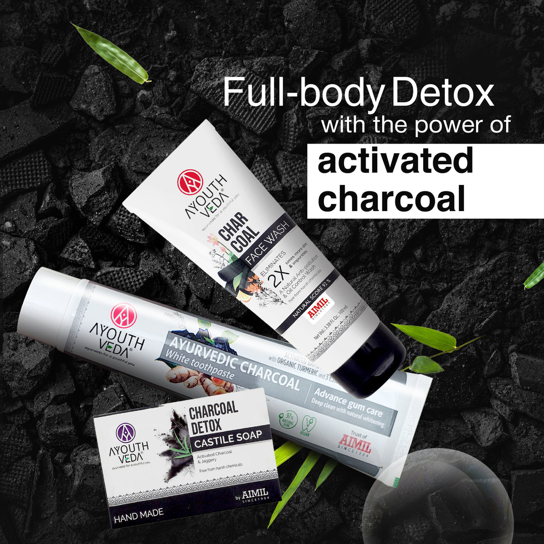 Bamboo Charcoal Detox Combo | Charcoal Face Wash (100 ml) | Charcoal Detox Handmade Castile Soap (100 g) | Ayurvedic Charcoal White Toothpaste (100 g)