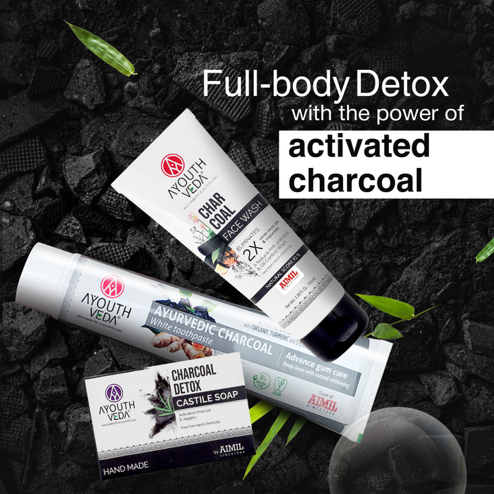 Bamboo Charcoal Detox Combo | Charcoal Face Wash (100 ml) | Charcoal Detox Handmade Castile Soap (100 g) | Ayurvedic Charcoal White Toothpaste (100 g)
