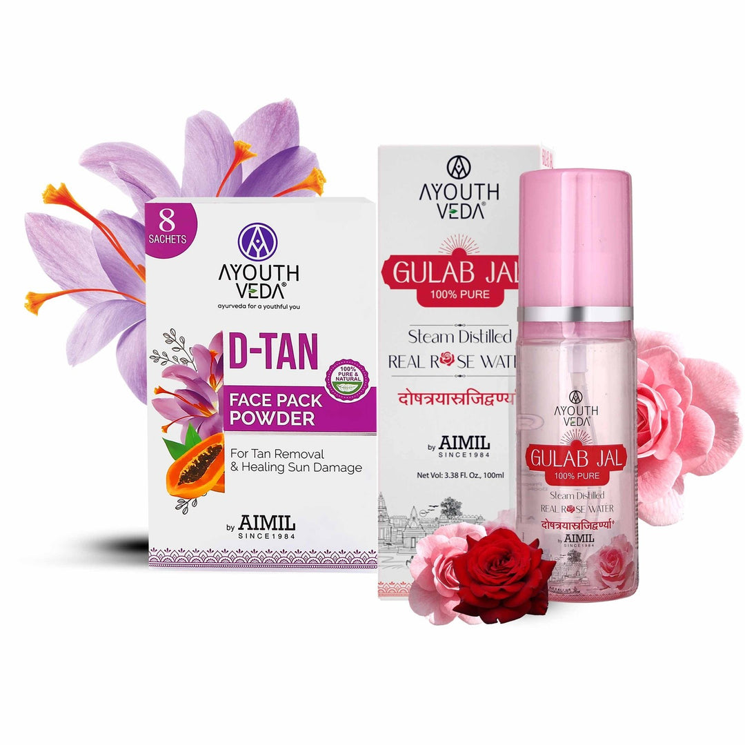 D-Tan Delight Combo: D-Tan Face Pack Powder (10g × 8), Gulab Jal (100 ml) - Ayouthveda