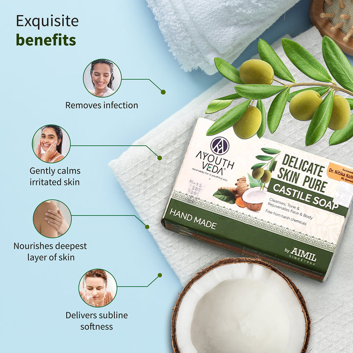 Delicate Skin Pure Handmade Castile Soap With Neem & Tulsi ( Net Qty-100g) - Ayouthveda