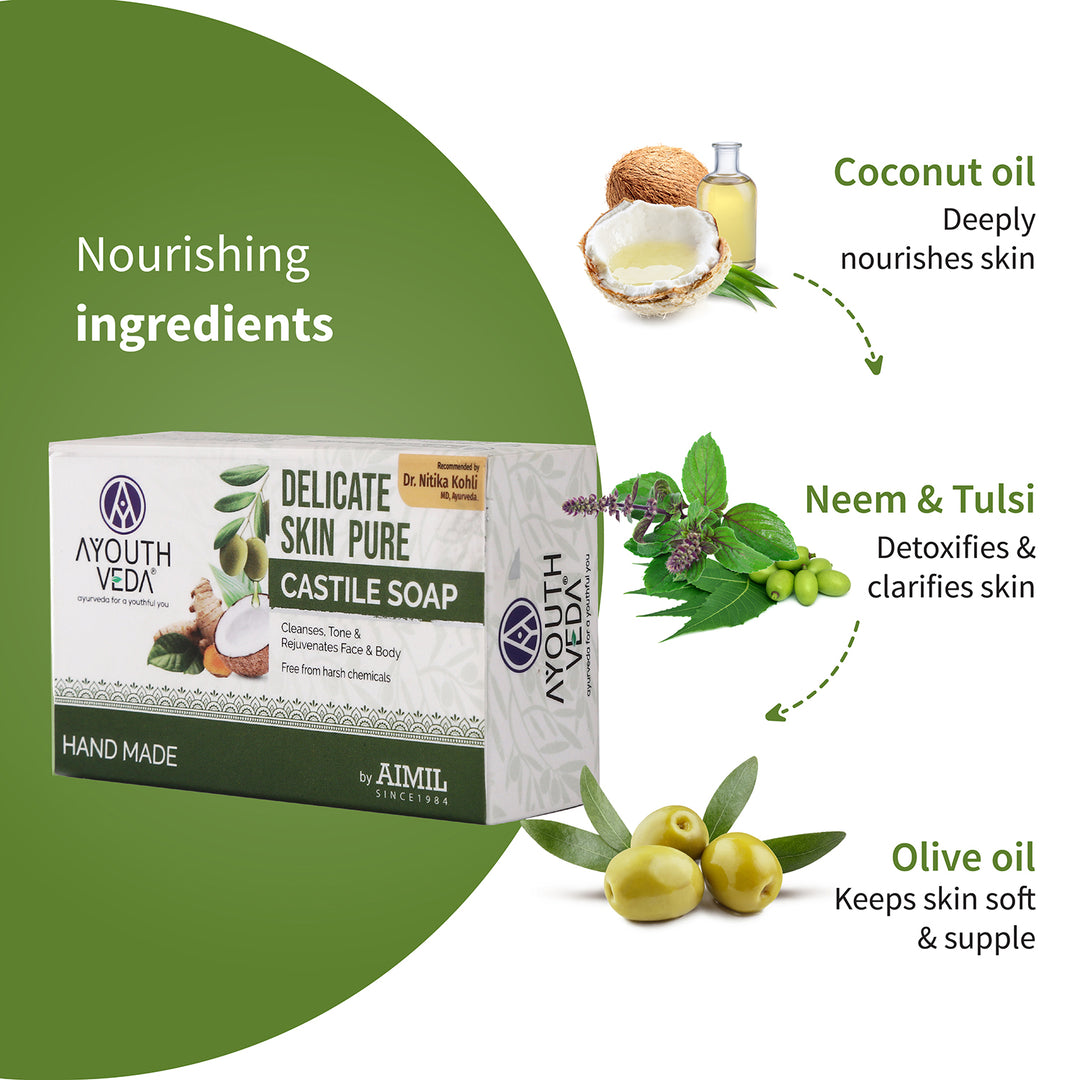 Delicate Skin Pure Handmade Castile Soap With Neem & Tulsi ( Net Qty-100g) - Ayouthveda