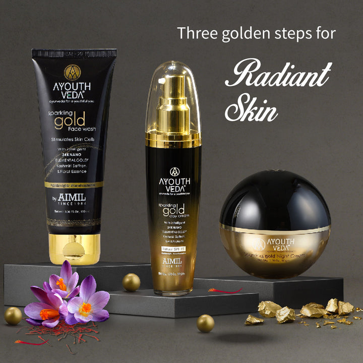 Anti Aging Regimen With 24k Gold & Saffron | Gold face wash 100ml , Day Cream 50g, Night Cream 50g - Ayouthveda