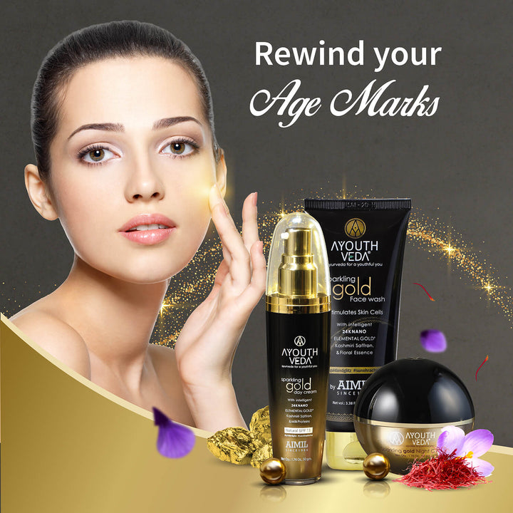Anti Aging Regimen With 24k Gold & Saffron | Gold face wash 100ml , Day Cream 50g, Night Cream 50g - Ayouthveda