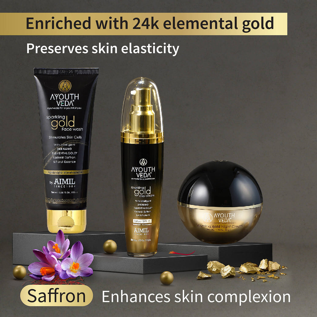 Anti Aging Regimen With 24k Gold & Saffron | Gold face wash 100ml , Day Cream 50g, Night Cream 50g - Ayouthveda