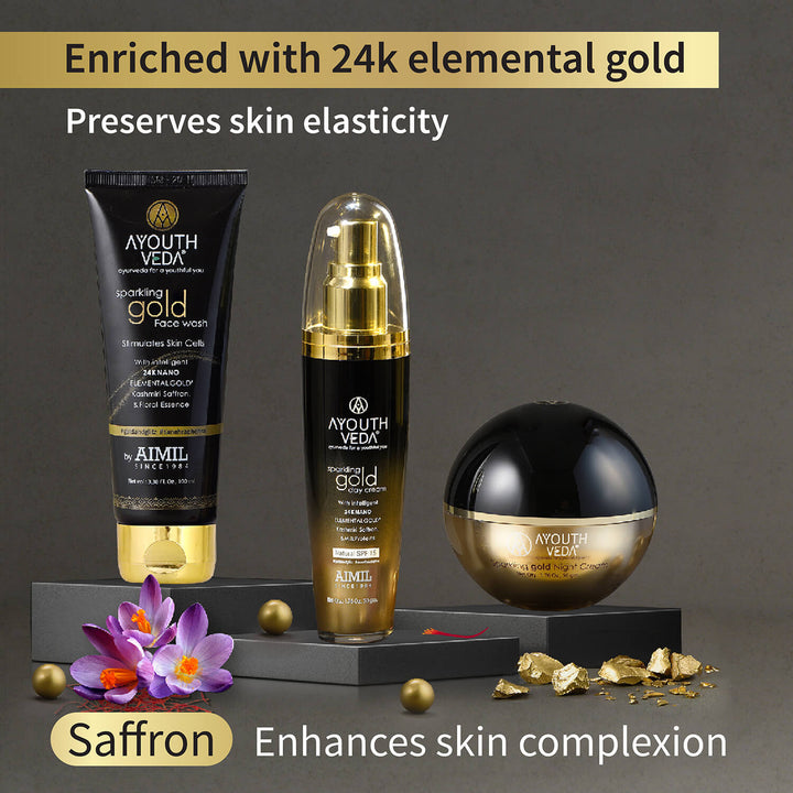 Anti Aging Regimen With 24k Gold & Saffron | Gold face wash 100ml , Day Cream 50g, Night Cream 50g - Ayouthveda