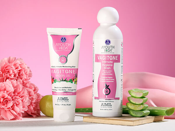 Ayouthveda products for women's personal care, including an intimate wash, vaginal gel, and firming body cream