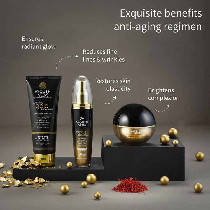 Anti Aging Regimen With 24k Gold & Saffron | Gold face wash 100ml , Day Cream 50g, Night Cream 50g - Ayouthveda