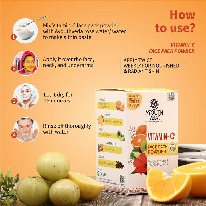 Vitamin-C Regimen: Vitamin-C Facial Cleanser (100 g), Vitamin-C Face Pack Powder (10g×8 sachet), Vitamin-C Face Serum (30 ml) - Ayouthveda