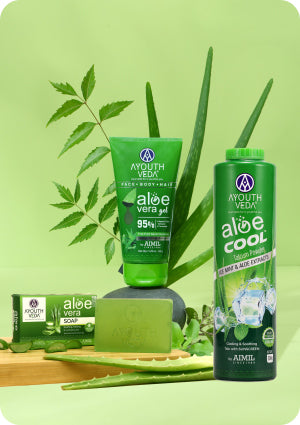 Ayouthveda Aloe Vera Combo with a soap bar, gel, and talc