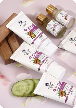 Ayouthveda D-Tan Scrub in a jar, with natural ingredients like coffee, walnuts, and orange visible