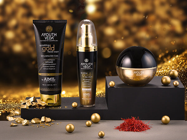 Ayouthveda Golden Glow Regimen product image. Skincare products with gold and saffron 