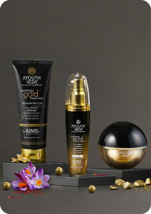 Ayouthveda Anti-Aging Regimen Gold Face Wash, Day Cream, and Night Cream for youthful, radiant skin.