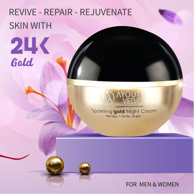 Ayouthveda Sparkling Gold Night Cream promises brighter, more youthful-looking skin.