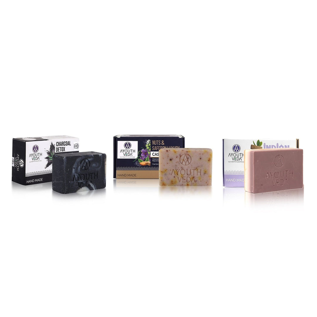 Handmade Soaps Combo (Charcoal Soap, Indian Clay Soap, Nuts & Saffron Soap) - Ayouthveda