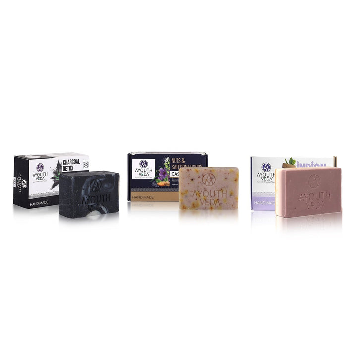 Handmade Soaps Combo (Charcoal Soap, Indian Clay Soap, Nuts & Saffron Soap) - Ayouthveda