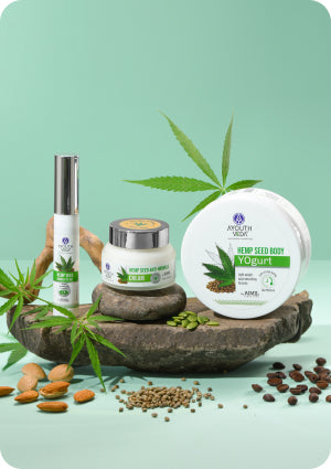 Ayouthveda Hemp Combo featuring anti-wrinkle cream, under-eye gel, and body yogurt.