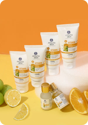 Ayouthveda Vitamin C Facial Kit with cleanser, scrub, sauna oil, massage cream, face pack, and serum.