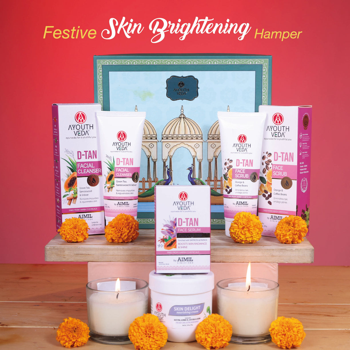 Festive Skin Brightening Hamper: Skin Delight Nourishing Cream (150 g), D-Tan Facial Cleanser (100 g), D-Tan Face Scrub (100 g), D-Tan Face Serum (30 ml)