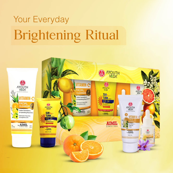 Ayouthveda Vitamin C Glow Combo is a complete brightening skincare set curated to cleanse, exfoliate, nourish, and protect your skin for a natural glow. Begin with the Vitamin-C Facial Cleanser, enriched with Amla, Lemon, & Orange, to gently remove impurities & refresh tired skin. Follow with the Vitamin-C Face Scrub, infused with Apricot, Amla, & Lemon Peel, to softly exfoliate dead skin cells & unclog pores.. Next, apply the Vitamin-C Face Serum, powered by 3X Vitamin-C and enriched with Clove to boost co