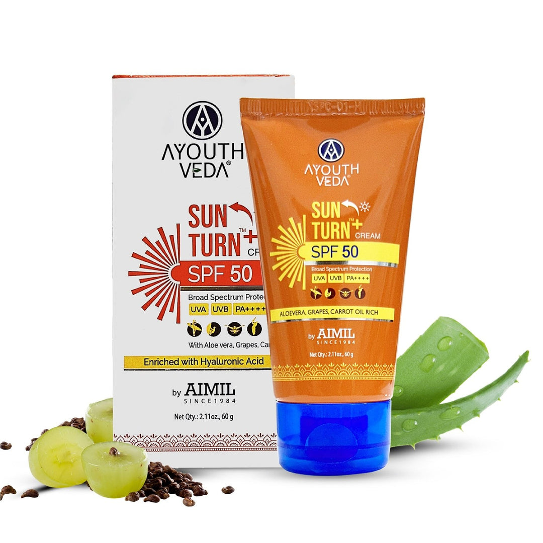 Ayouthveda Sun Turn+ Cream SPF 50 with Hyaluronic Acid for Broad Spectrum UV Protection Net qty.- 60 g