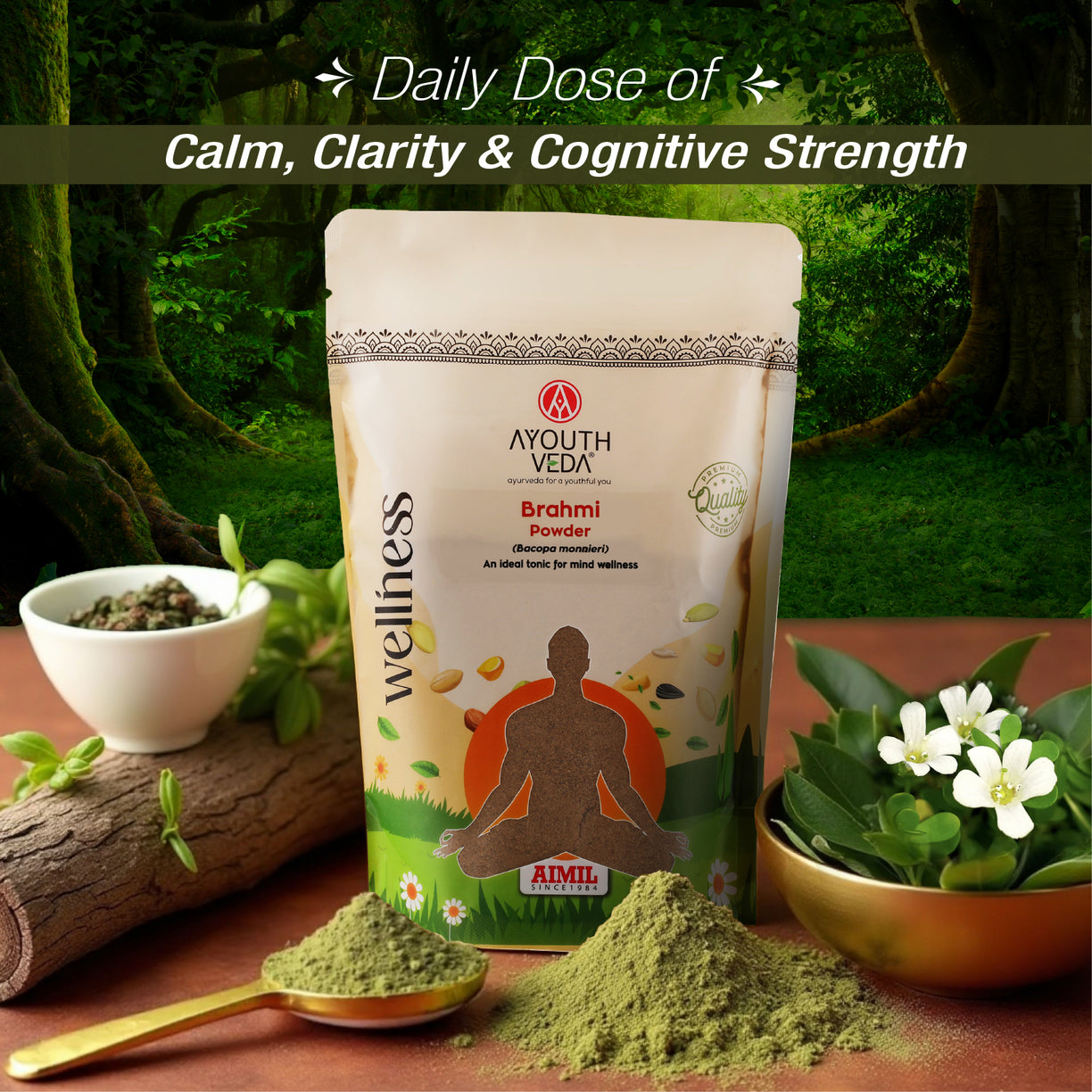 Ayouthveda Brahmi Powder | Pure Bacopa monnieri Brain Tonic for Memory, Focus & Stress Relief | Antioxidant-Rich Ayurvedic Support for Cognitive Function, Mental Clarity & Immunity | Net Qty: 200g