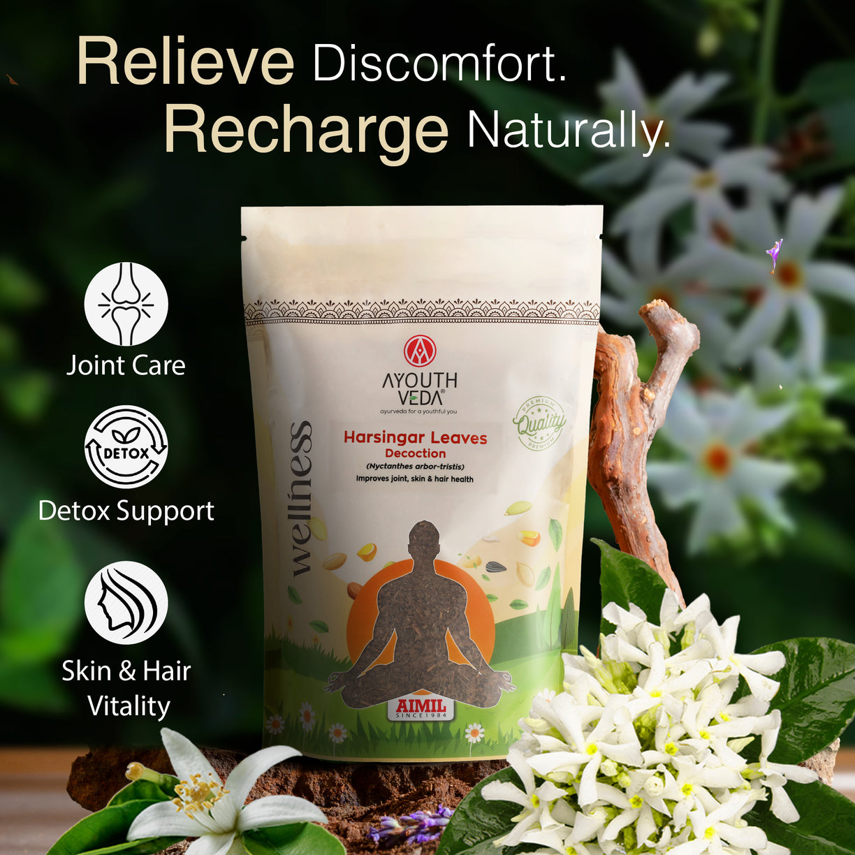 Ayouthveda Harsingar Leaves Decoction | Pure Parijat (Nyctanthes arbor-tristis) Herbal Drink for Joint Pain Relief, Skin & Hair Wellness | Immunity-Boosting, Caffeine-Free Ayurvedic Decoction | Naturally Shade-Dried | Net Qty: 200g