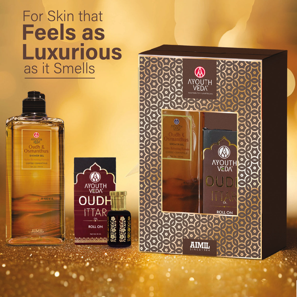 Oudh Indulgence Duo : Oudh Ittar Roll On (8ml ) | Oudh & Osmanthus Shower Gel (250ml)