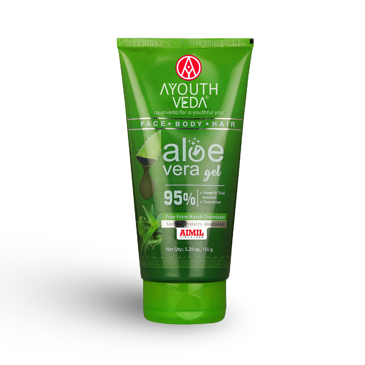 Ayouthveda Aloe Vera Gel | Multi-Purpose Gel For Face, Body & Hair | Calms Sunburn & Promotes Even Skin Tone | Non-Greasy Hydrating formula With Neem, Tulsi & Cucumber Extracts | Net. qty - 150g