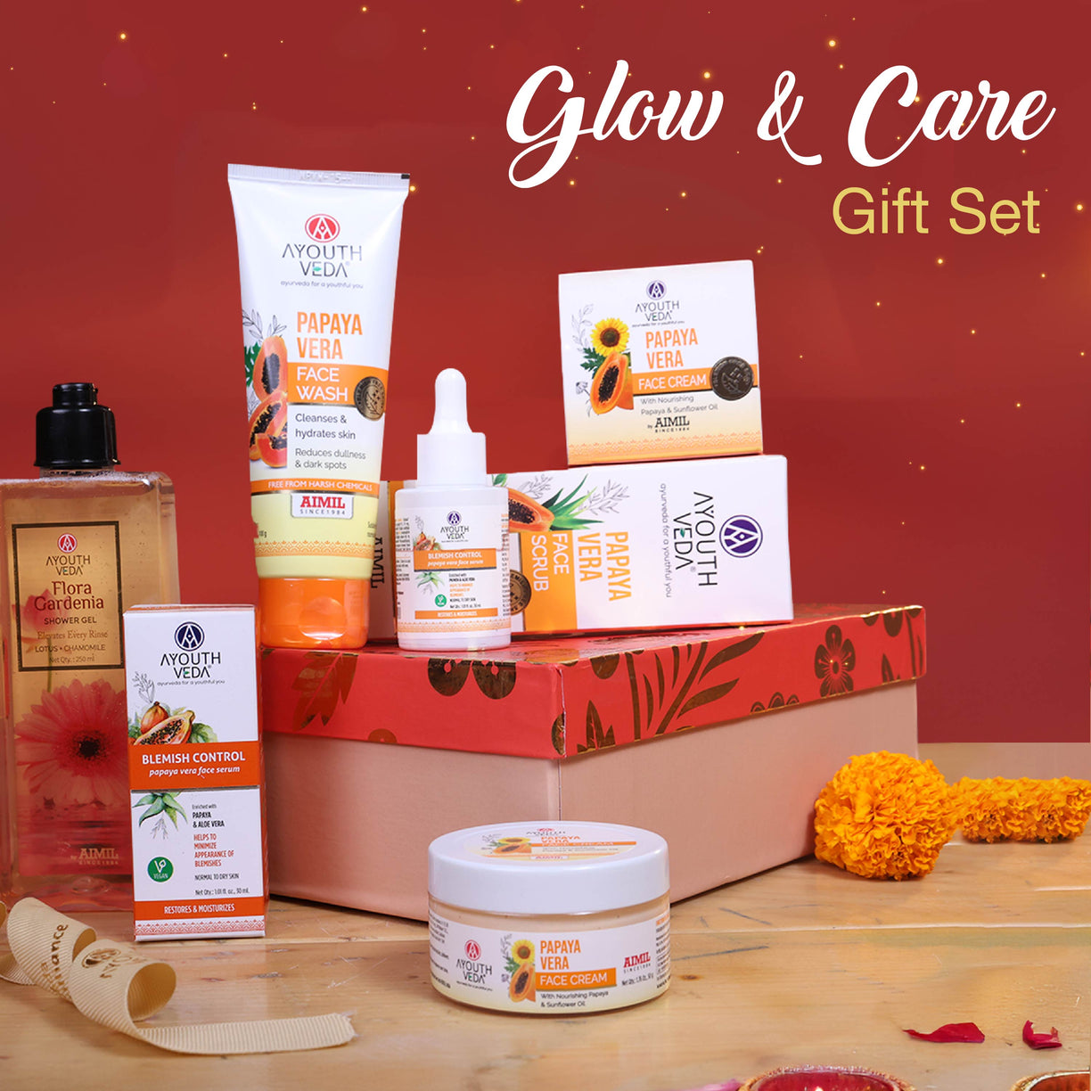 Glow & Care Gift Set: Flora Gardenia Shower Gel (250 ml), Papaya Vera Face Wash (100 g), Papaya Vera Face Scrub (100 g), Papaya Vera Face Serum (30 ml), Papaya Vera Face Cream (50 g)