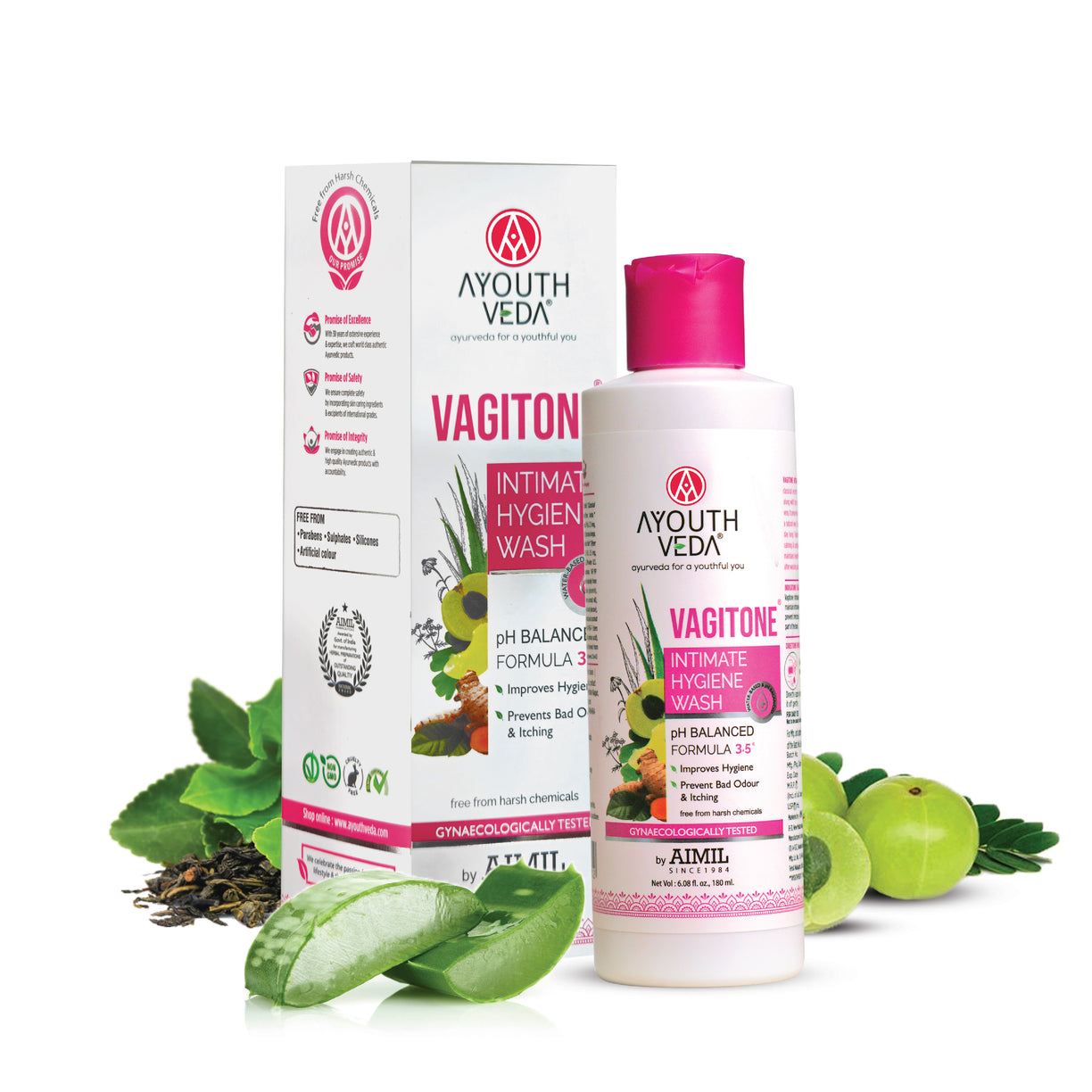 Ayouthveda Vagitone Intimate Hygiene Wash For Women | pH Balancing Formula | Prevents Dryness, Itchiness & Bad Odor | With Sphatica, Green Tea & Aloe Vera - 180 ml