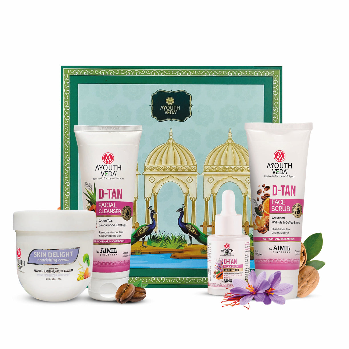 Festive Skin Brightening Hamper: Skin Delight Nourishing Cream (150 g), D-Tan Facial Cleanser (100 g), D-Tan Face Scrub (100 g), D-Tan Face Serum (30 ml)