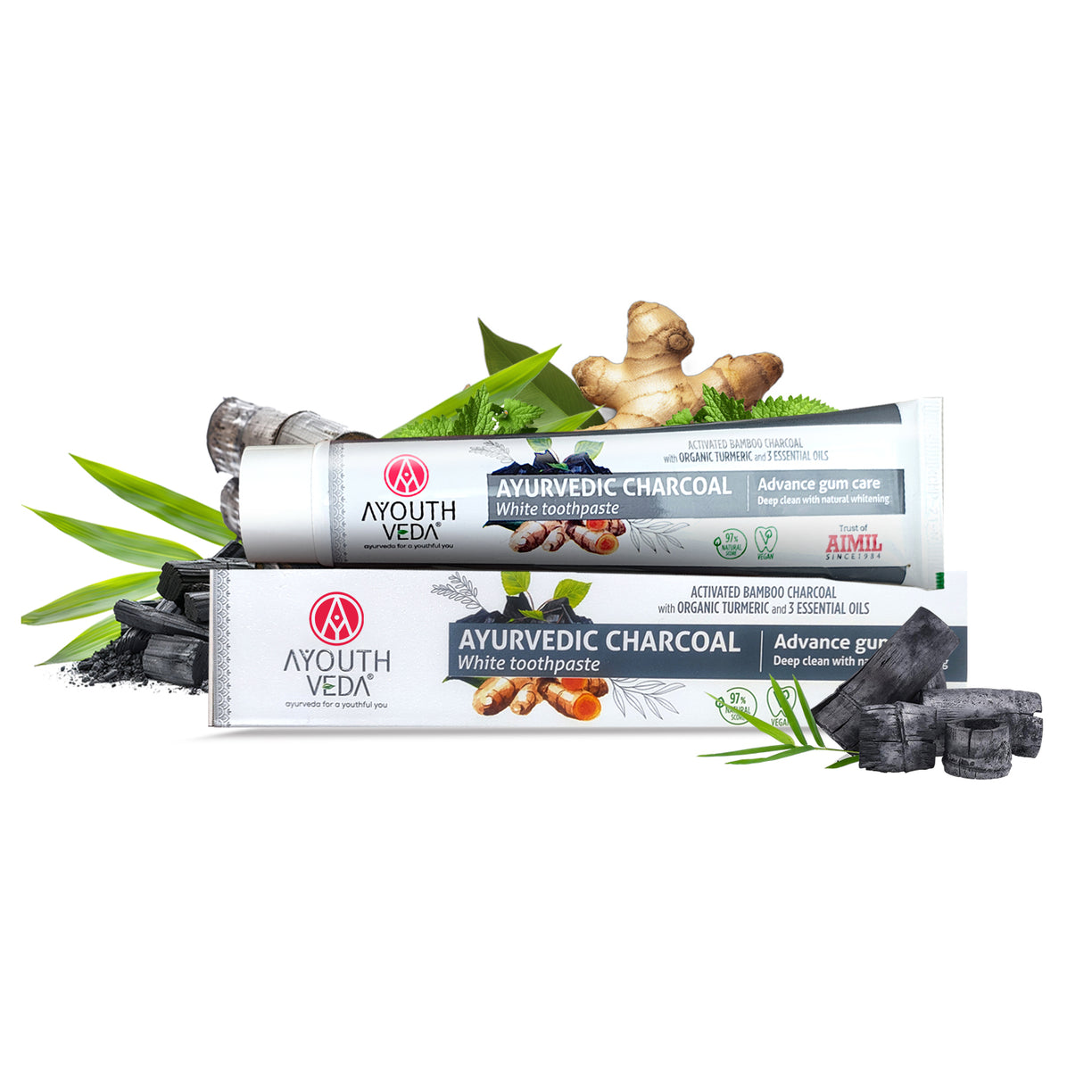 Ayurvedic Charcoal White Toothpaste with Activated Bamboo Charcoal & Turmeric for Deep Cleaning & Whitening  - 100g each Set of 2