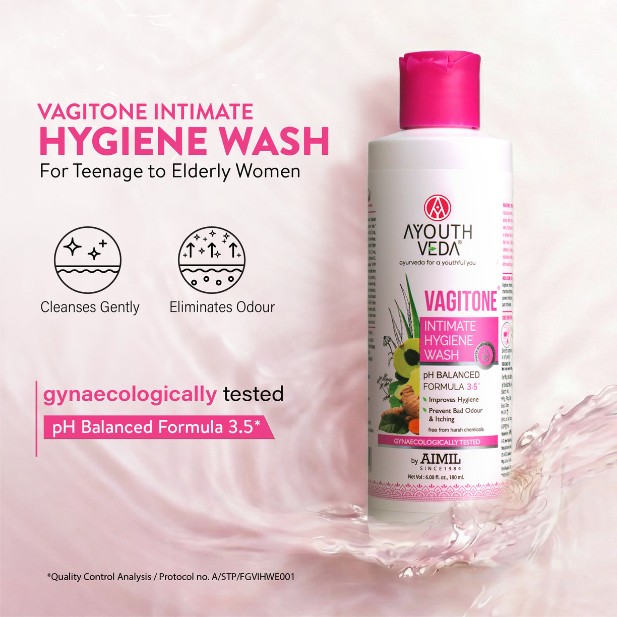 Ayouthveda Vagitone Intimate Hygiene Wash For Women | pH Balanced Daily Intimate Cleanser | Controls Odor, Itching & Dryness | Sulfate-Free, Gynaecologically Tested | With Sphatika, Green Tea & Aloe Vera | Net Qty - 180 ml