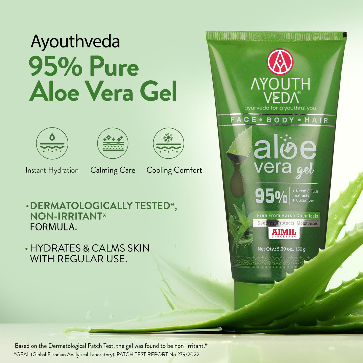 Ayouthveda Aloe Vera Gel | Multi-Purpose Gel For Face, Body & Hair | Calms Sunburn & Promotes Even Skin Tone | Non-Greasy Hydrating formula With Neem, Tulsi & Cucumber Extracts | Net. qty - 150g