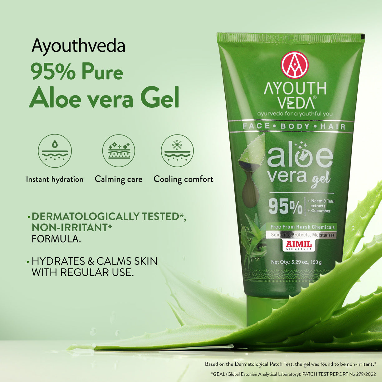 Ayouthveda Aloe Vera Gel | Multi-Purpose Gel For Face, Body & Hair | Calms Sunburn & Promotes Even Skin Tone | Non-Greasy Hydrating formula With Neem, Tulsi & Cucumber Extracts | Net. qty - 150g