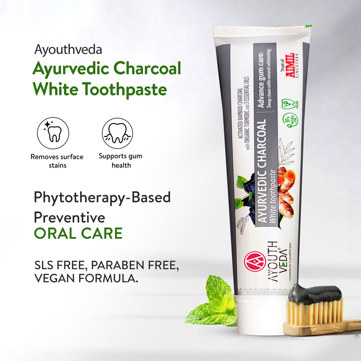 Ayurvedic Charcoal White Toothpaste with Activated Bamboo Charcoal & Turmeric for Deep Cleaning & Whitening  - 100g each (Set of 2)