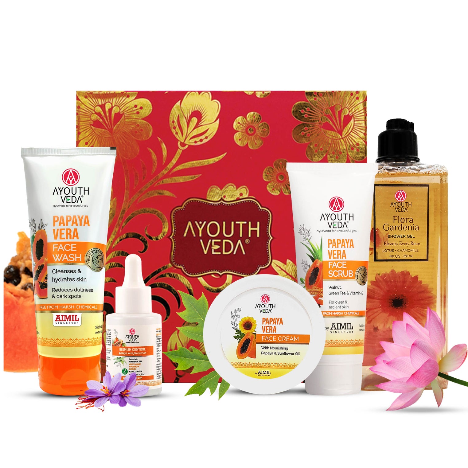 Glow & Care Gift Set: Flora Gardenia Shower Gel (250 ml), Papaya Vera Face Wash (100 g), Papaya Vera Face Scrub (100 g), Papaya Vera Face Serum (30 ml), Papaya Vera Face Cream (50 g)