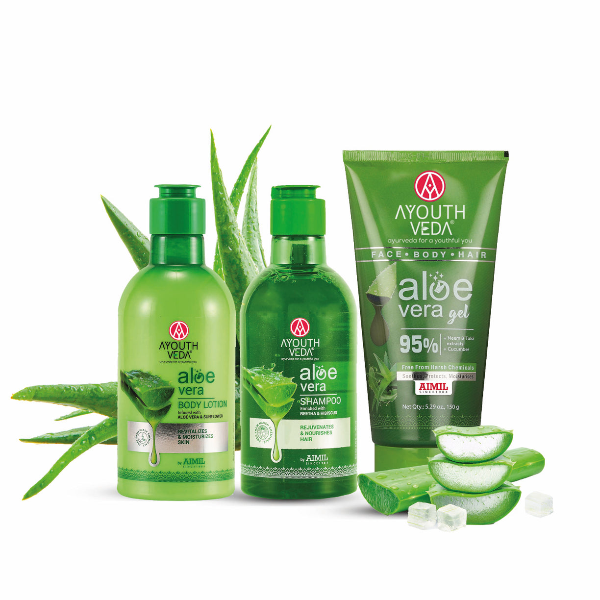 Soothing Aloe Care Combo: Aloe Vera Lotion (250 ml), Aloe Vera Shampoo (100 g), Aloe Vera Gel (150 g)