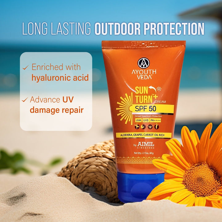 Ayouthveda Sun Turn+ Cream SPF 50 with Hyaluronic Acid for Broad Spectrum UV Protection Net qty.- 60 g