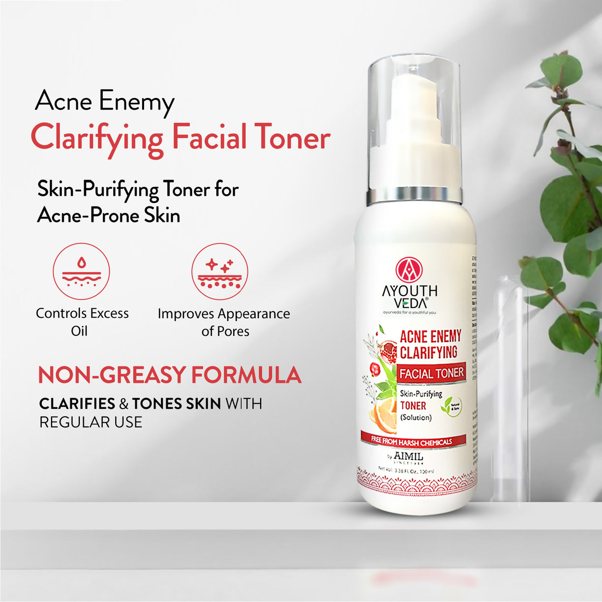 Ayouthveda Acne Enemy Clarifying Facial Toner with Pomegranate, Amla, Aloe Vera & Rose Distillate for Acne & Oil Control | Dermatologically Tested |Suitable for Oily & Acne-Prone Skin | Net Qty – 100 ml